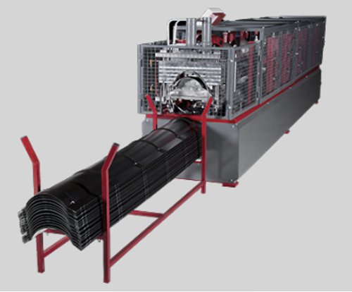 The tile-sheet ridge cap rollformer includes a rollforming section and a press